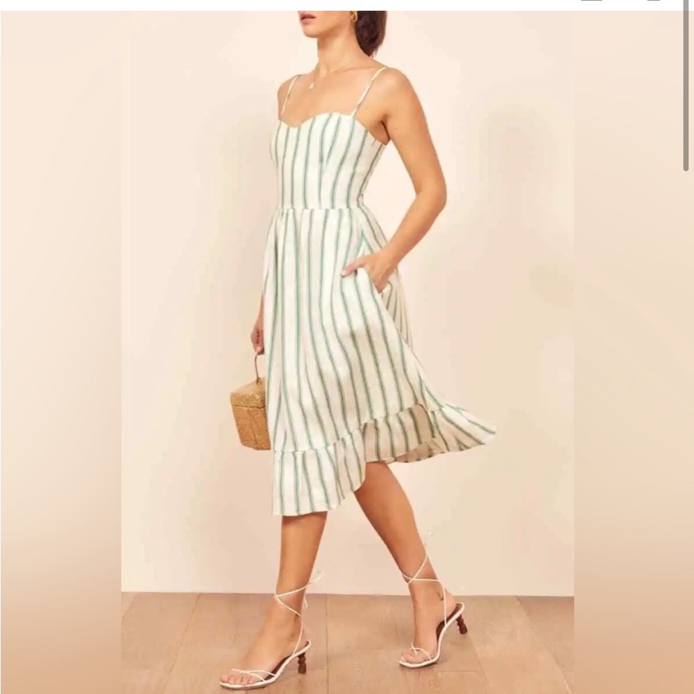 REFORMATION Gateau White Green Stripe EILEEN Ruffle Linen Midi Sun-dress
